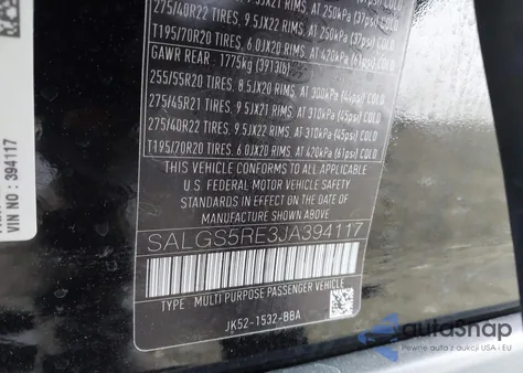 2018 Land Rover Range Rover 5.0L V8 Supercharged z USA, uszkodzony, nr VIN SALGS5RE3JA394117